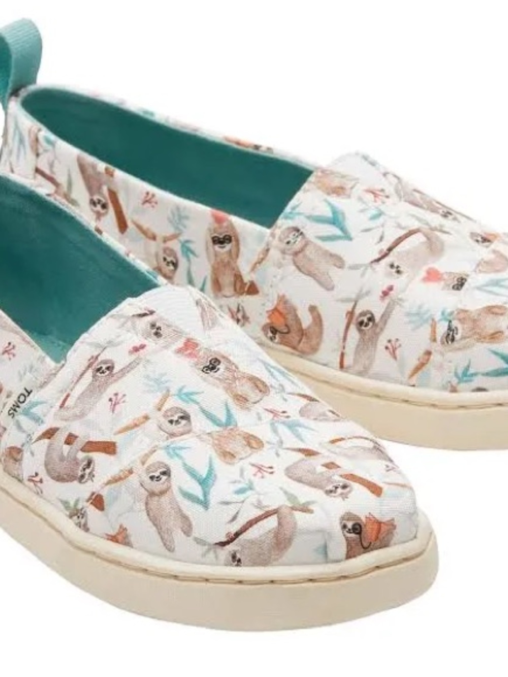 TOMS Sloth Print Canvas Slip-On Shoes - White with Teal Lining